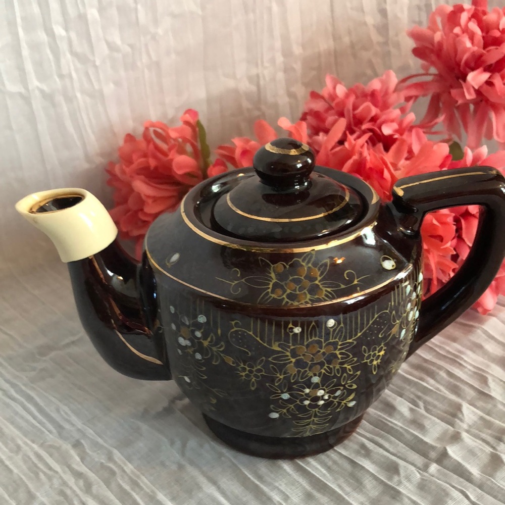 Vintage Japanese themed ceramic miniature brown teapot hand painted w/lid